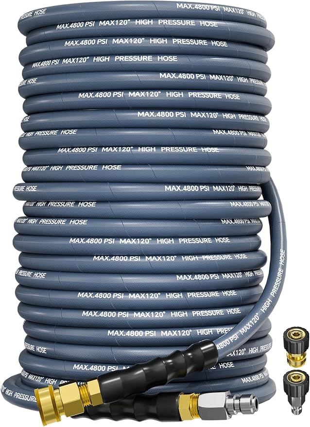 3/8" 4800PSI Pressure Washer Hose 150FT Swivel Quick Connect | Power Washer Hose for Cold/Hot Water Max 248°F, Kink Resistant Steel Wire Braided, Wear Resistant with M22 14mm Adapter