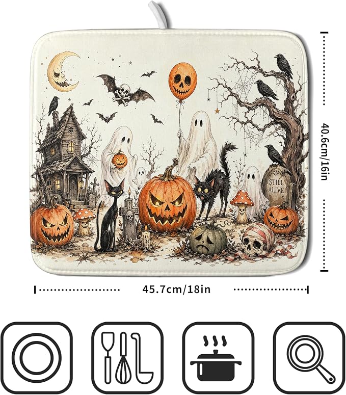 Giwawa Halloween Pumpkin Ghost Dish Drying Mat Black Cat Microfiber Dishes Pad 16x18 Inch Holiday Dish Drainer Rack Mats for Kitchen Counter Sink