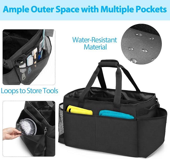 HODRANT Extra-Large Cleaning Caddy with Handles & Multi Pockets | Large Capacity Tote Bag for Cleaning Tools & Products Storage, Cleaner Organizer for Car, Home & Housekeeping Work, Black