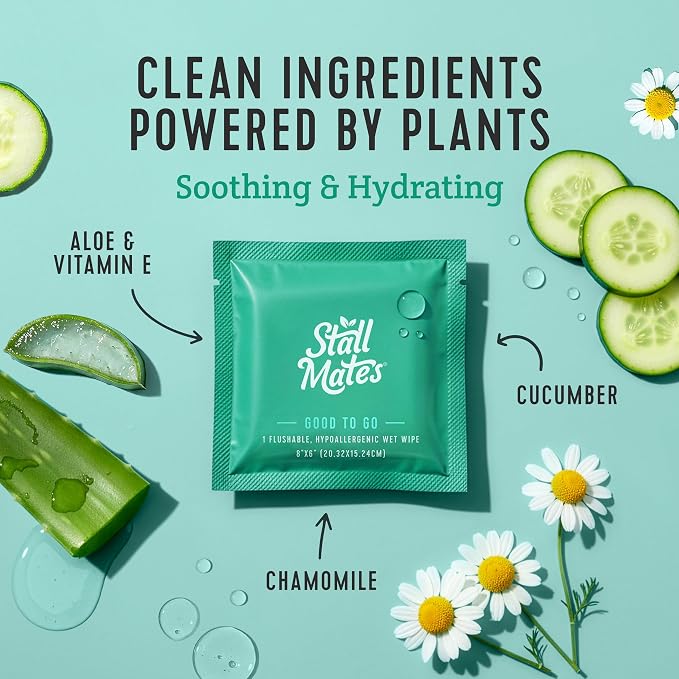 Stall Mates - Flushable Wipes, Individually Wrapped, Travel Friendly, Unscented with Cucumber, Vitamin-E & Aloe (90 on-the-go singles) BULK PACK