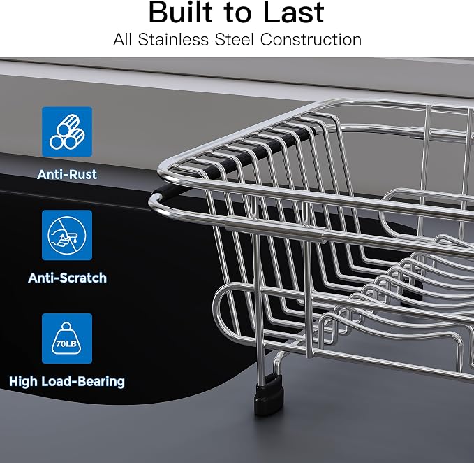 Apartment RV Small Dish Drainer Drying Rack Over The Sink In Stainless Steel for Narrow Kitchen, Counter Space Saving Compact Expandable Metal Dish Dryer Strainer, Adjustable Hanging Wire Drain Holder