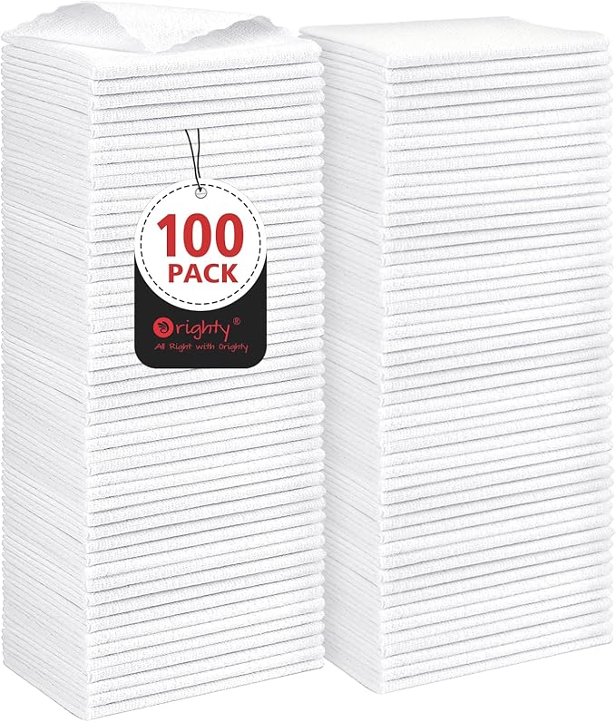 Orighty Microfiber Cleaning Cloth Bulk, 100 Pack, 11.5x11.5 inch, White | Microfiber Towels for Cars, Multi-Purpose Shop Towels, Soft Highly Absorbent Cleaning Rags for Car, Home, Kitchen