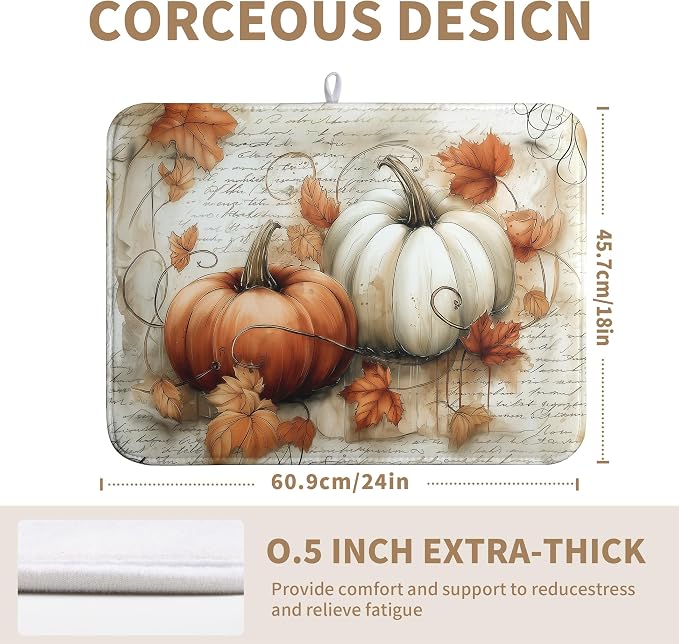 Fall Dish Drying Mat for Kitchen Counter Autumn Thanksgiving Orange White Pumpkin Drying Mats Vintage Maple Leaves Holiday Dish Draining Mat Microfiber Absorbent Dish Rack Pad 18x24 Inch