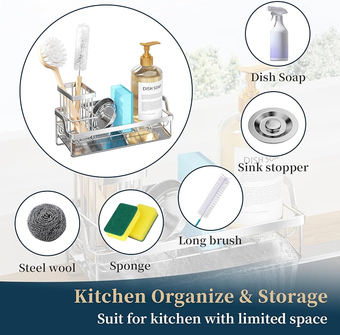 Consumest Sponge Holder for Kitchen Sink - Sink Caddy with Stainless Steel Self Drain Tray, Sink Organizer with High Brush Holder Countertop for Kitchen Sink Accessories, Silver