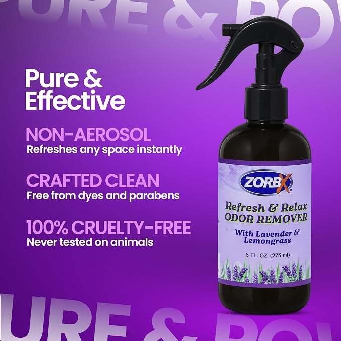 ZORBX Refresh & Relax Lavender Lemongrass Odor Remover Spray 8 Oz, 2-Pack | Natural Room Deodorizer for Medical Rooms, Closet, Home, Bathroom, Furniture, Carpet, Car, Gym & Laundry, Permanent Solution