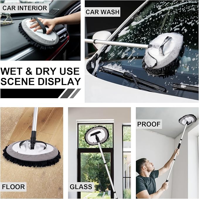 Ordenado 62" Car Wash Brush Kit Mitt Mop Sponge with Long Handle Chenille Microfiber Car Cleaning Brush Kit Supplies Car Washing Mop Kit Car Care Kit of Scratch-Free Replacement Head for Car RV Truck