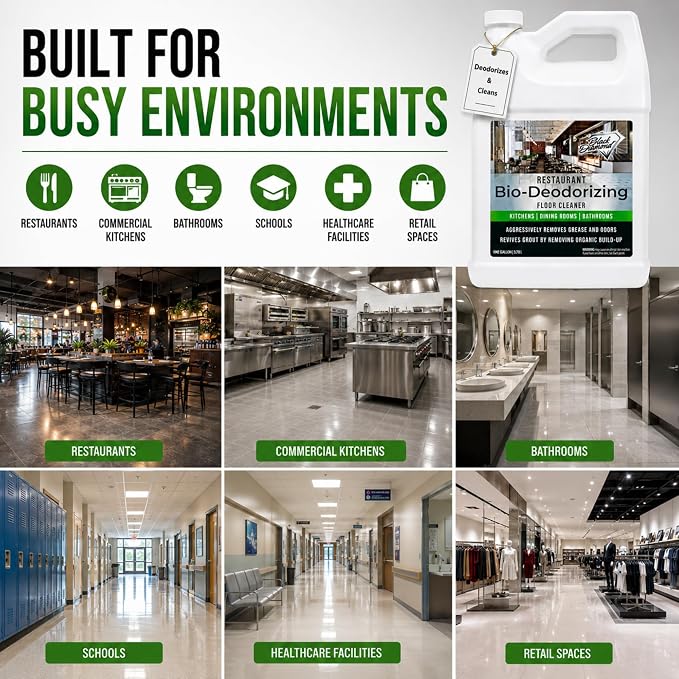 Restaurant Bio-Deodorizing Floor Cleaner - Heavy Duty Commercial Concentrated Enzyme Degreaser and Odor Eliminator for Mopping Tile, Laminate, Hardwood & More