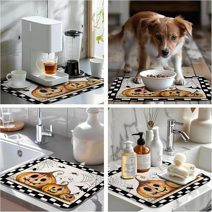 Halloween Kitchen Drying Mats for Dishes 16x18 In Orange Pumpkin Ghost Dish Drying Mat Black Bat Spiders Web Buffalo Plaid Dish Rack Mat Absorbent Microfiber Drying Pad for Kitchen Counter