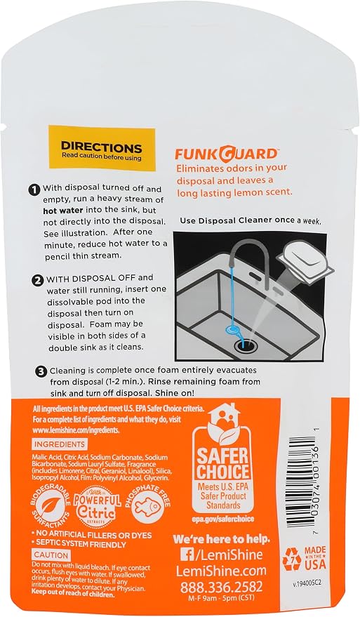 Lemi Shine Garbage Disposal Cleaner and Deodorizer Powered By Citric Acid | Foam Cleaner For Kitchen Garbage Disposal with a Natural, Fresh Lemon Scent (2 Count)
