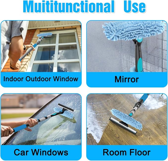 25FT Reach Window Squeegee Kit with Extension Pole, 2-in-1 Professional Washer for High Windows, 5-20FT Adjustable Reach, Rotatable Head for Indoor & Outdoor Use, Streak-Free Cleaning Tool for Home