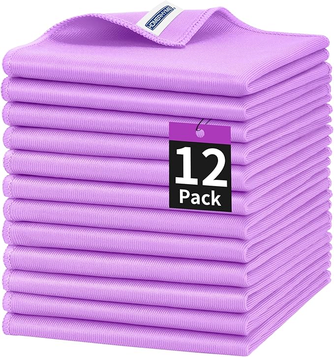 Microfiber Cleaning Cloth, 12 Pack Window Glasses Cleaning Cloth, Reusable Lint-Free Streak Free Polishing Cloth Wipes for Stainless Steel, Eyeglass, Mirror, Screen & Lense,12"*12" Purple
