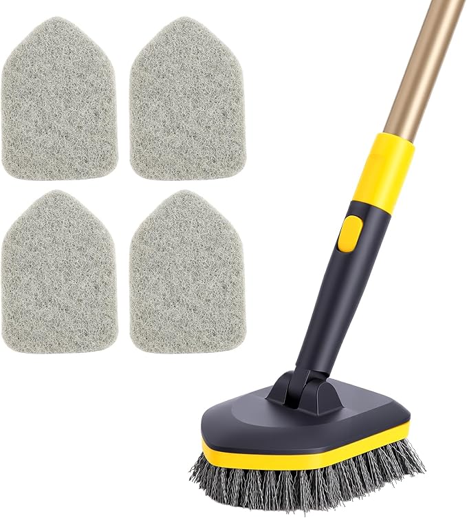 Yocada Tub Tile Scrubber Brush 2 in 1 Cleaning Brush 4*Scouring Pads 58.2" | Adjustable Telescopic Pole Stiff Bristles for Cleaning Bathroom Kitchen Toilet Wall Tub Tile Sink Non Scratch