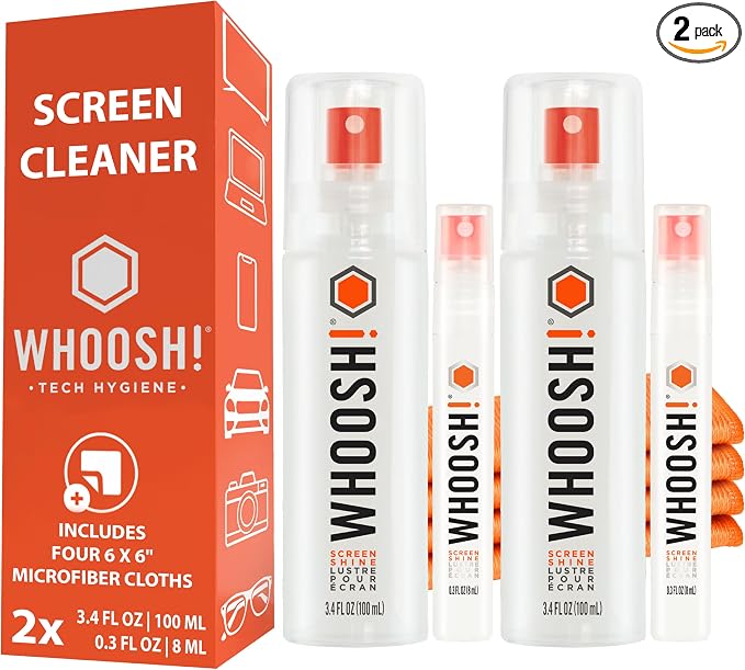 WHOOSH! Laptop Screen Cleaner Spray and Wipe [Set of 2] - 3.4 + 0.3 fl oz + 2 Microfiber Cloths - Duo with Large & Travel Size Bottles for Eyeglass Cleaner & Car Screen Cleaner- iPhone Cleaning Kit