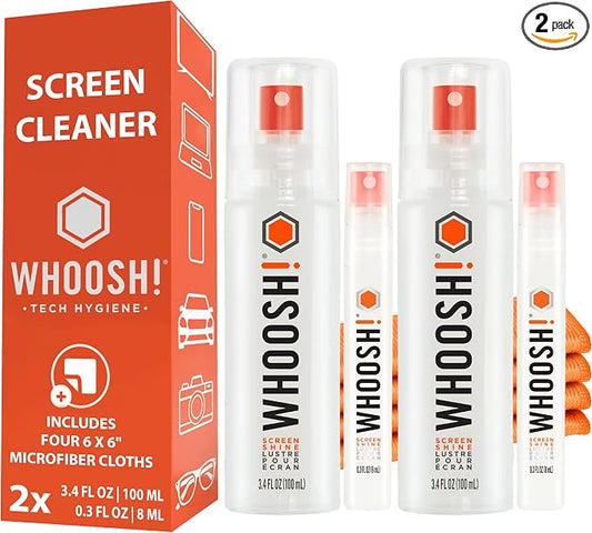 WHOOSH! Laptop Screen Cleaner Spray and Wipe [Set of 2] - 3.4 + 0.3 fl oz + 2 Microfiber Cloths - Duo with Large & Travel Size Bottles for Eyeglass Cleaner & Car Screen Cleaner- iPhone Cleaning Kit