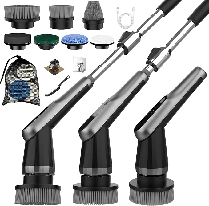 Electric Spin Scrubber, 10-in-1 Shower Scrubber & Retractable Long Handle, 44 lbs High-Torque & Variable Speed Shower Cleaning Brush for Bathroom,Toilet, Bathtub, Kitchen, Tile Floors,