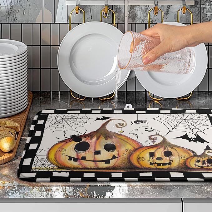 Happy Halloween Fall Pumpkin Dish Drying Mat for Kitchen Counter 18x24 In Spooky Ghost Bats Spider Web Buffalo Plaid Drying Mats Microfiber Dish Drainer Mat Large Absorbent Fast Dry Pad