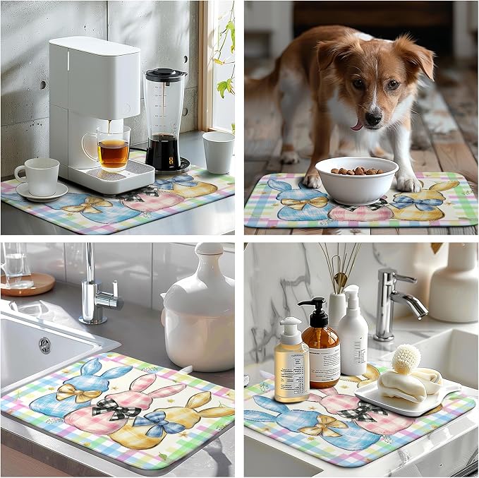 Easter Drying Mat for Kitchen Counter - 16x18 In, Multi-color (Buffalo Plaid), Microfiber & Composite Sponge, Cute Bunny Pattern, Absorbent Dish Drainer Mat