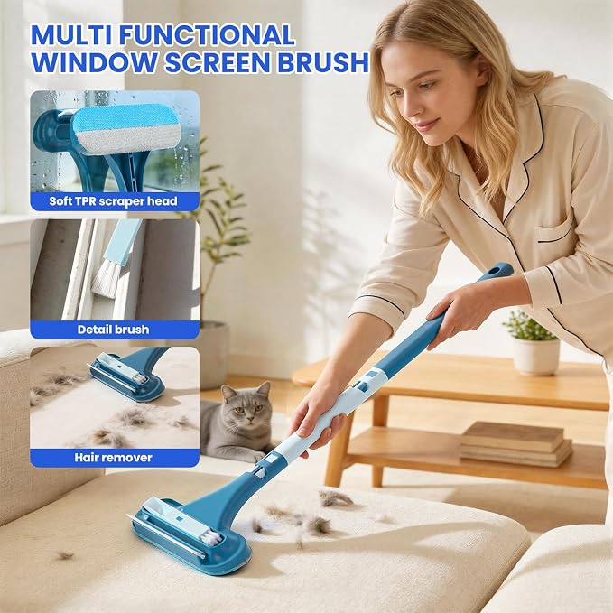 3-in-1 Screen Brush, Squeegee, Pet Hair & Crevice Tool, Cyan Blue | Wipes glass streak-free. Lifts hair from sofas & rugs, rinse & reuse, no refills. Detach for window tracks. Lightweight.