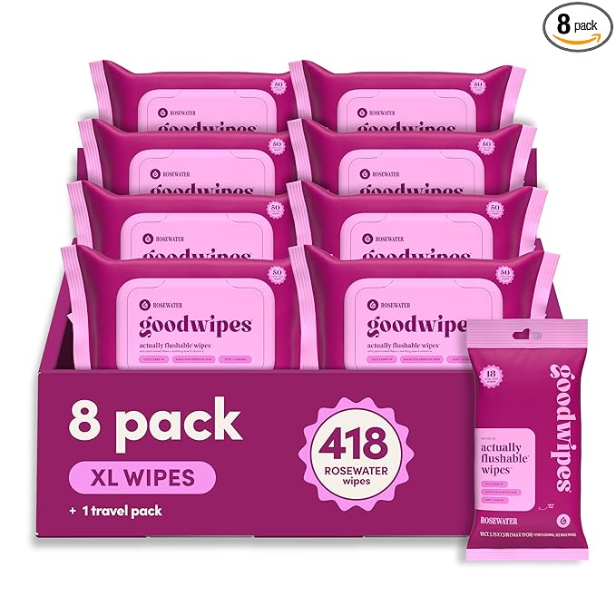 goodwipes Flushable Wipes Bulk Pack, Rosewater Adult Wet Wipes for Women & Men, Sewer & Septic Safe, Toilet & Bathroom Essentials, Extra Large, 418 Count (8 Packs and 1 Travel Pack)