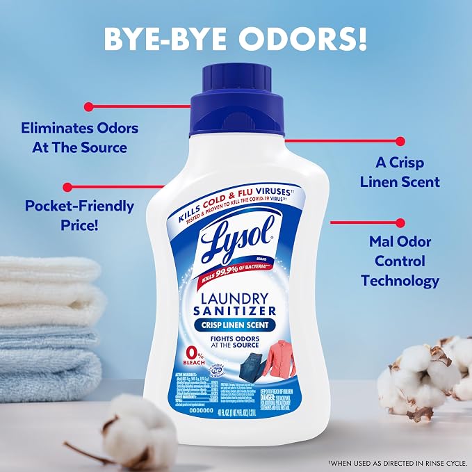 Lysol Disinfectant Laundry Sanitizer & Scent Booster, Laundry Detergent Additive, Color Safe Bleach Alternative, Laundry Odor Eliminator, Kills Bacteria & Viruses, Crisp Linen Scent, 41 Fl Oz Liquid