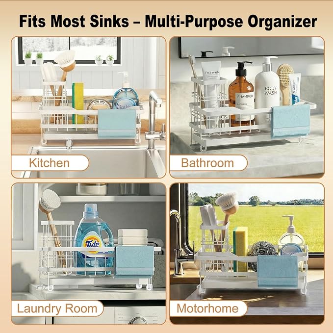 Sponge Holder for Kitchen Sink, Self-draining Sink Organizer with Towel Rack and Brush Holder, Metal Kitchen Sink Organizer for Countertop, White