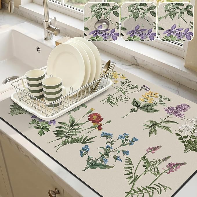LOKHOM Dish Drying Mat for Kitchen Counter, 18"x24" Absorbent Coffee Bar Mat with Vintage Sage Flower Herbs, Dish Drainer Rack Mats for Kitchen Counter and Dining Room Decoration