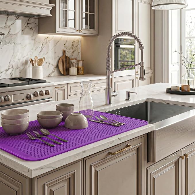 MicoYang Silicone Dish Drying Mat for Multiple Usage,Easy clean,Eco-friendly,Heat-resistant Silicone Mat for Kitchen Counter or Sink,Refrigerator or Drawer Liner Purple 4XL 32 inches x 18 inches