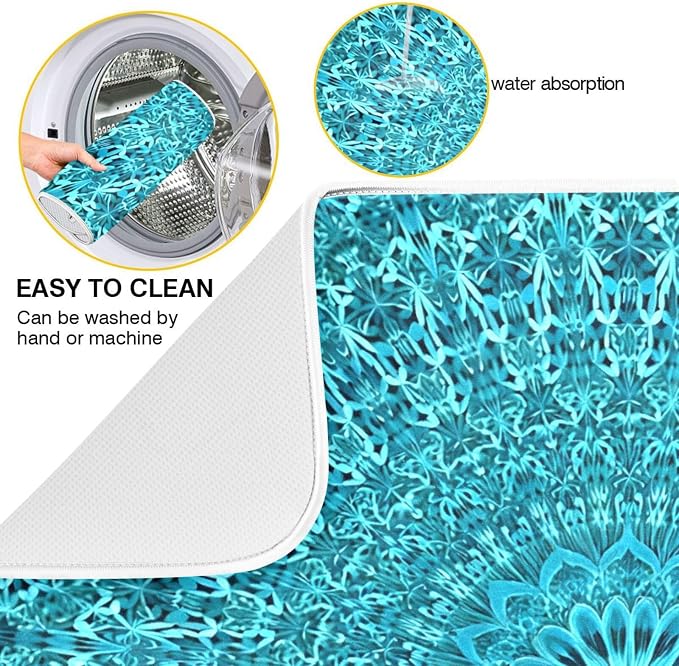 Super Absorbent Dish Drying Mat, Microfiber Fast-Drying Dish Mat, 24" x 18", Kitchen Dish Drying Pad, Mandala Turquoise Teal Blue Green