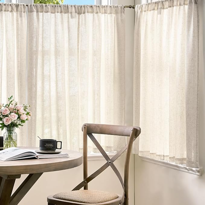 jinchan Linen Kitchen Tier Curtains, 38x45, 2 Panels, Natural | Light filtering, linen blend, rod pocket, farmhouse style, rustic decor, kitchen, bathroom, laundry room, RV, small windows