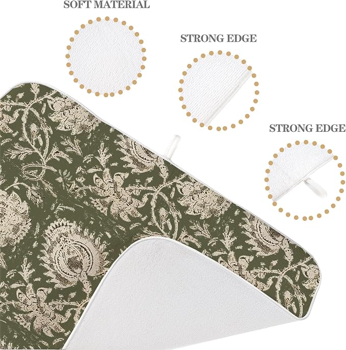 Green Dish Drying Mat 18 x 24 Inch Vintage Olive Green Floral Drying Mat for Kitchen Counter Absorbent Neutral Modern Boho Block Print Floral Dishes Dry Pad for Drainer Rack Kitchen Fast Dry