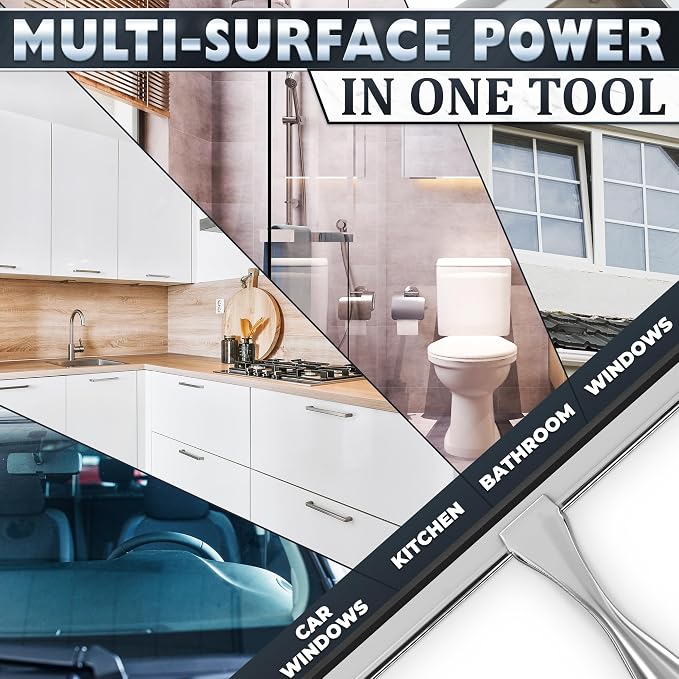 Shower Door Squeegee with Hook, 14" Silicone Blade, Steel (Silver) | Squeegee for Shower Glass with Adhesive Mount; All-Purpose Bathroom Tile, Mirror, & Window Wiper for Streak-Free Cleaning