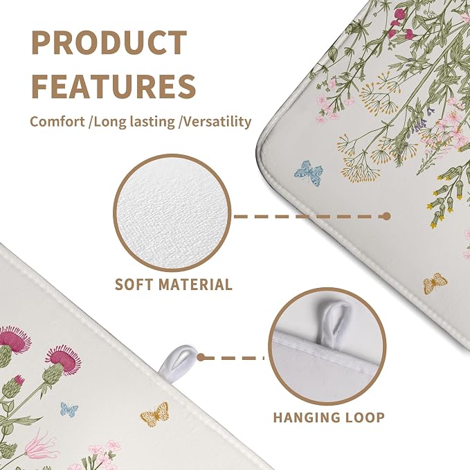 Wildflower Floral Dish Drying Mat for Kitchen Counter Vintage Rustic Flower Drying Mats Spring Summer Herb Plant Absorbent Microfiber Dishes Pad Washable Dish Draining Mat Extra Large 18"x24"