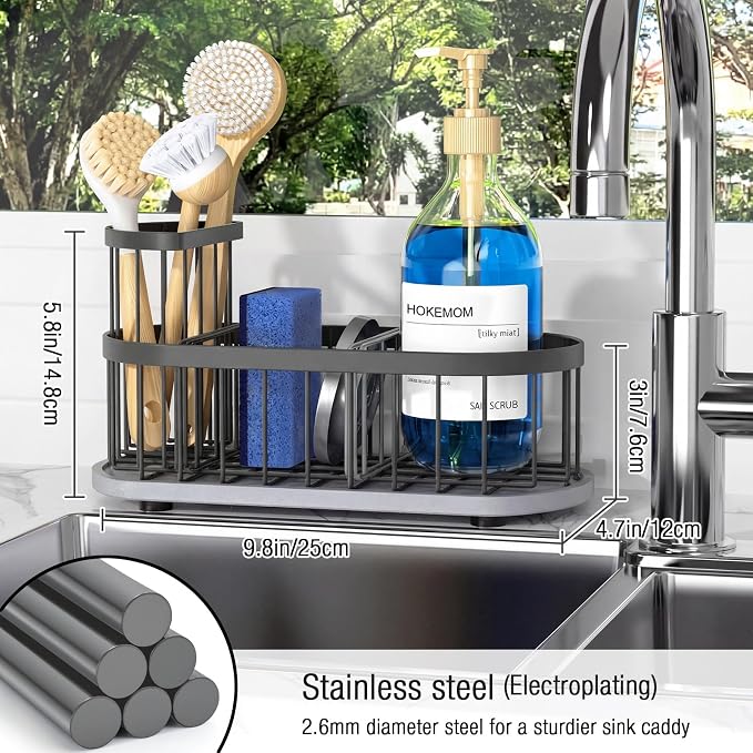 Sponge Holder for Kitchen Sink with High Brush Holder, [Stay-Dry Anywhere & No Drainage Needed] Rustproof Stainless Steel Kitchen Sink Caddy Organizer with Water Absorbing Stone Tray, Grey