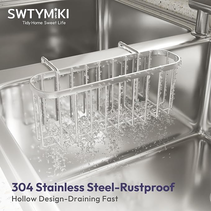 SWTYMIKI Sponge Holder for Kitchen Sink, Movable Kitchen Sink Caddy with Compact Size Rustproof and Waterproof Hanging Sponge Caddy for Double Bowl Sinks, Silver