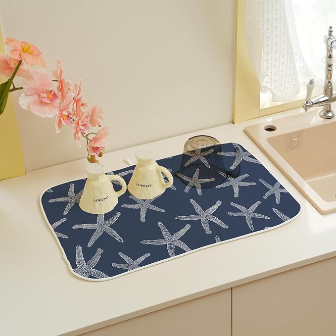 Navy Blue Starfish Coastal Dish Drying Mats 18x24 Inch Coastal Nautical Summer Decorative Drying Mats Beach Ocean Outdoor Decor Coffee Bar Mat for Kitchen Dining Room