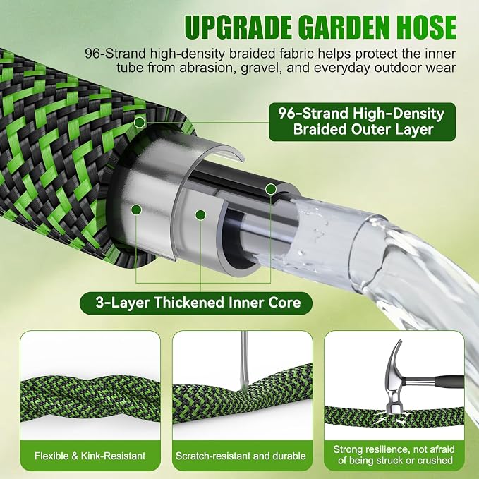 NON-EXPANDABLE Garden Hose 150ft x5/8'', Heavy Duty Flexible Water Hose with 10-Function Sprayer, Lightweight, Leak Proof, Durable Fabric Skin, Pressure Resistant for Yard, Outdoor
