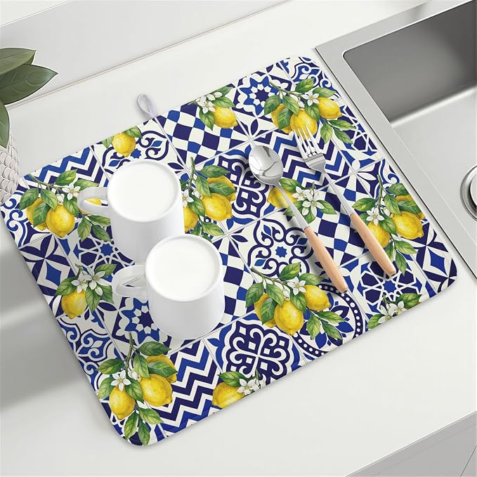 Lemon and Blue Tile Dish Drying Mat 18x24 Inch Absorbent Reversible Mexican Tilt Drying Mat Blue White Italy Lemons Dish Drying Rack Mat Summer Themed Dish Drainer Mat for Kitchen Counter Coffee Bar
