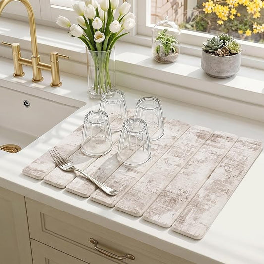 Findosom Stone Dish Drying Mat for Kitchen Counter, 15.7" × 11.8" Foldable Non-Slip Stone Drying Mat with Abstract Pattern, Heat Resistant Diatomaceous Earth Mat for Bath, Dishes, Cups, Beige