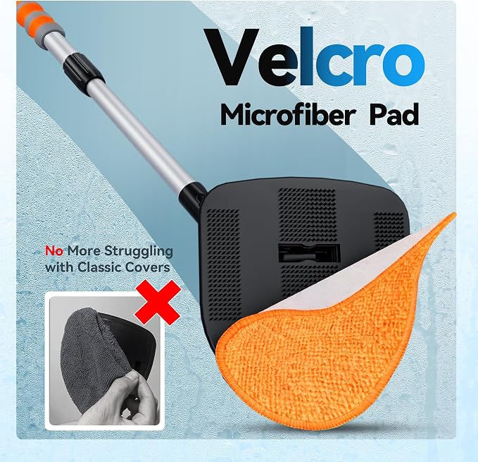 XINDELL Interior Windshield Cleaner Tool, Car Window Cleaning Kit with 4 Reusable Microfiber Pads, Extendable Handle & 360° Rotating Head, Safety Hammer, Streak-Free Auto Glass Wiper for Truck SUV RV