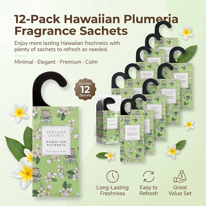Large 12 Packs Hawaiian Plumeria Hanging Scented Sachets Long-Lasting Closet Deodorizer Air Freshener Fabric Refresher Odor Eliminator for Drawer Home Fragrance Gift Set