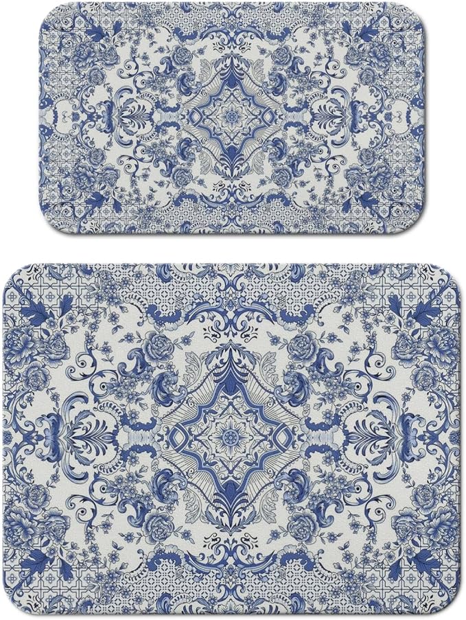 Dish Drying Mat 2-Pack with Baroque for Kitchen Counter Absorbent Dishes | Diatom Mud Mats (18x24, 19.5x12"). Non-slip rubber back for kitchen counter, coffee bar & sink scenes