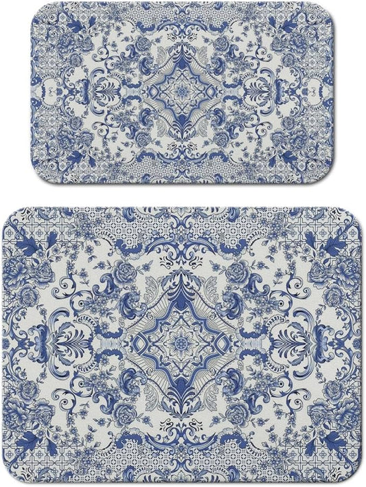 Dish Drying Mat 2-Pack with Baroque for Kitchen Counter Absorbent Dishes | Diatom Mud Mats (18x24, 19.5x12"). Non-slip rubber back for kitchen counter, coffee bar & sink scenes
