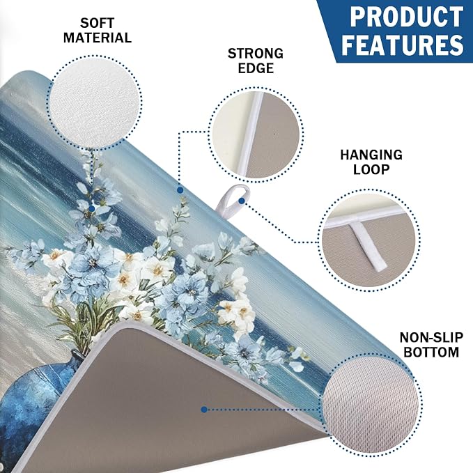 Summer Beach Dish Drying Mat for Kitchen Counter Nautical Coastal Blue Ocean Vase Floral Seashells Microfiber Dish Drainer Mat Absorbent Washable Drying Pad 18"x24"