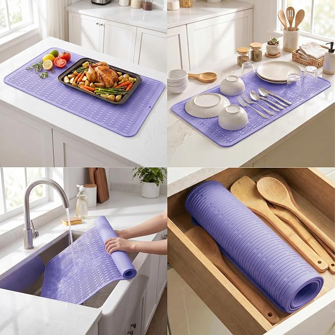 MicoYang Silicone Dish Drying Mat for Multiple Usage,Easy clean,Eco-friendly,Heat-resistant Silicone Mat for Kitchen Counter or Sink,Refrigerator or Drawer Liner Light Purple 5XL 36inches x 18inches