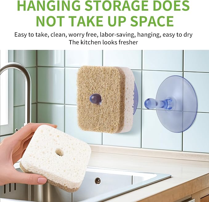 12Pack Kickleen Natural Kitchen Scrub Dish Sponge with Suction Hanger Biodegradable Compostable Cellulose and Coconut Non-Scratch Sponge for Kitchen, Bathroom, Household (White-12)