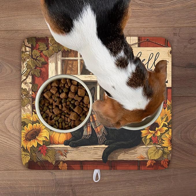 Fall Dish Drying Mat for Kitchen Counter Vintage Autumn Cat Sunflower Pumpkin Microfiber Dish Drainer Mat Rustic Farmhouse Absorbent Washable Drying Pad Extra Large 16"x18"