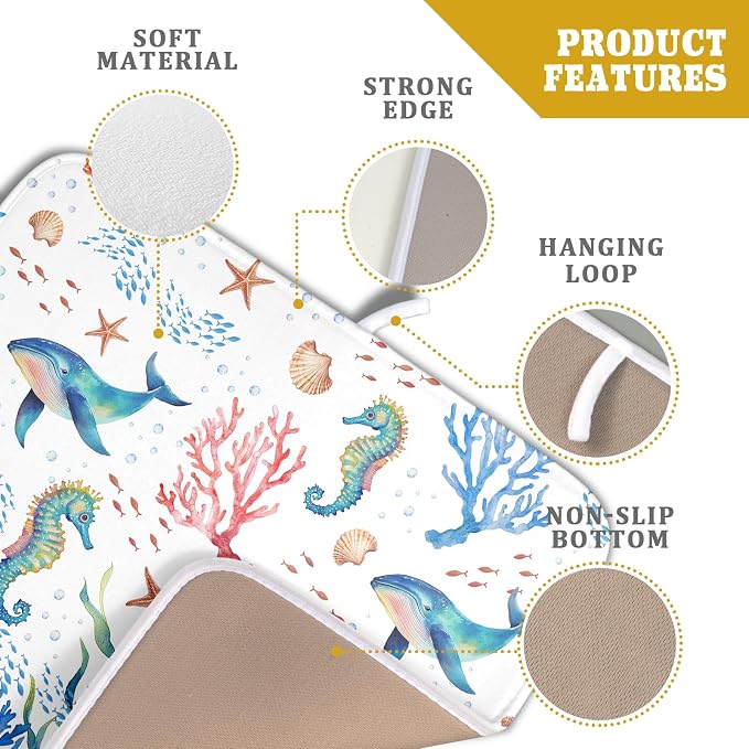 Giwawa Coastal Ocean Dish Drying Mat Seahorse Whales Drainer Rack Mats 16"x18" Absorbent Microfiber Dish Drying Pad Protector for Kitchen Counter