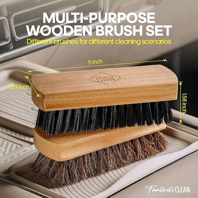 Fantasticlean Car Interior Detailing Kit, Leather Cleaner Brush Set, 9PCS | Car Interior Brush Kit, Horse Hair Leather Brush for Car Detailing, Scratch-Free Leather Cleaner Applicator, Cleaning Cloth