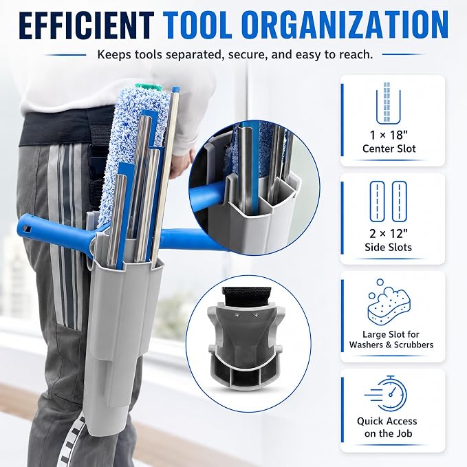Window Cleaning Holster with Belt and Quick-Connect Leg Strap | Detachable Squeegee Holder Tool, Removable Side Bucket, Multi-Tool Waist Carry Design