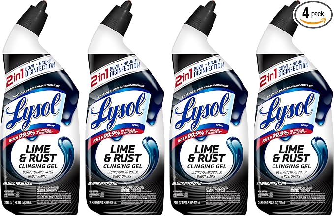 Lysol Lime & Rust Toilet Bowl Cleaner Liquid, For Limescale, Rust & Hard Water Stains, Septic Safe, Clinging Gel, Disinfects, Sanitizes & Deodorizes, Bathroom Cleaning Supplies, 24oz (4 Pack)